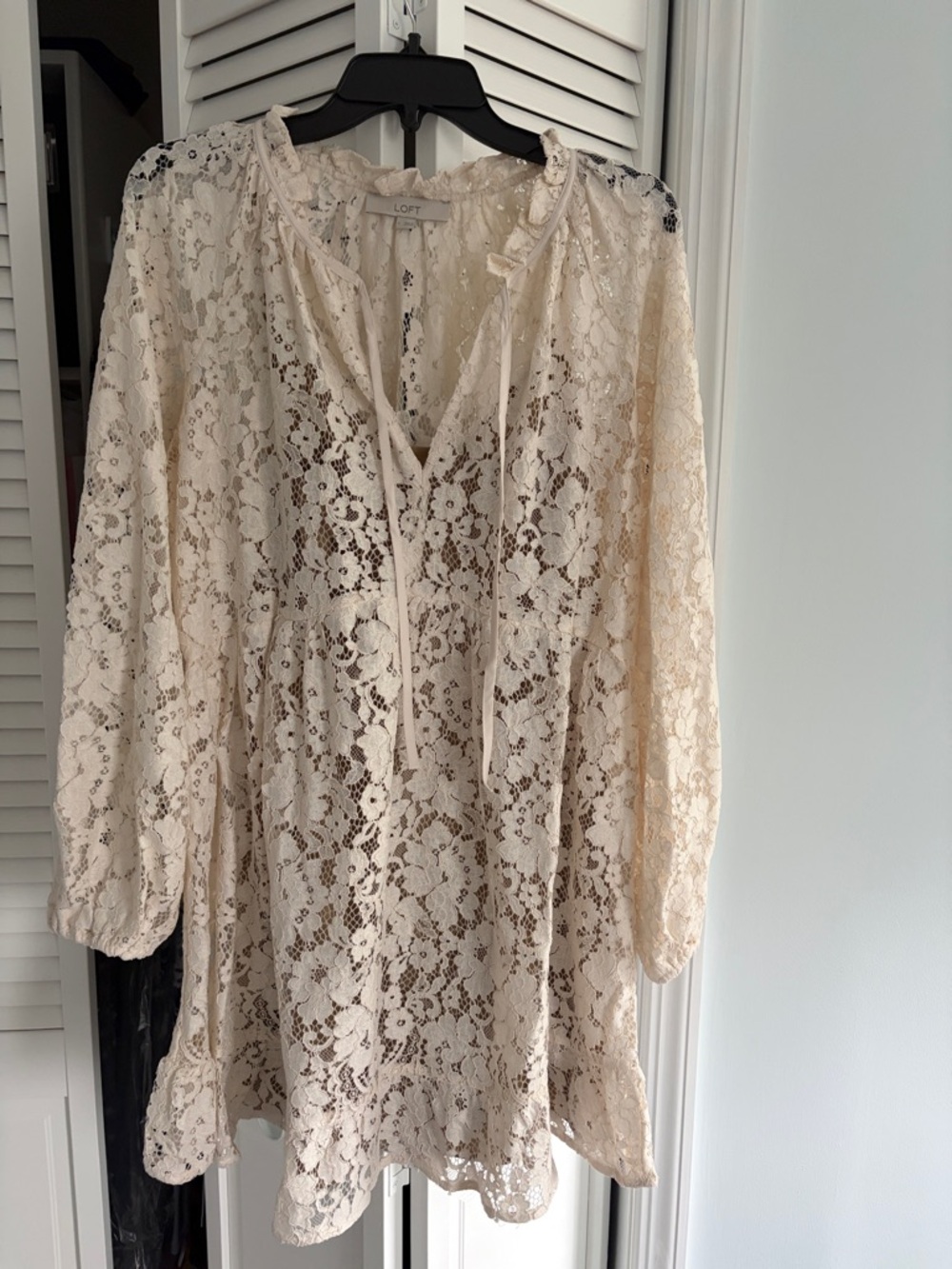 LOFT Ivory Lace Peasant mini dress with Tie Neck